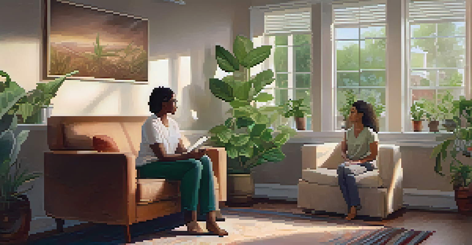A therapist sitting with a patient in a warm, cozy room, listening attentively and providing support.
