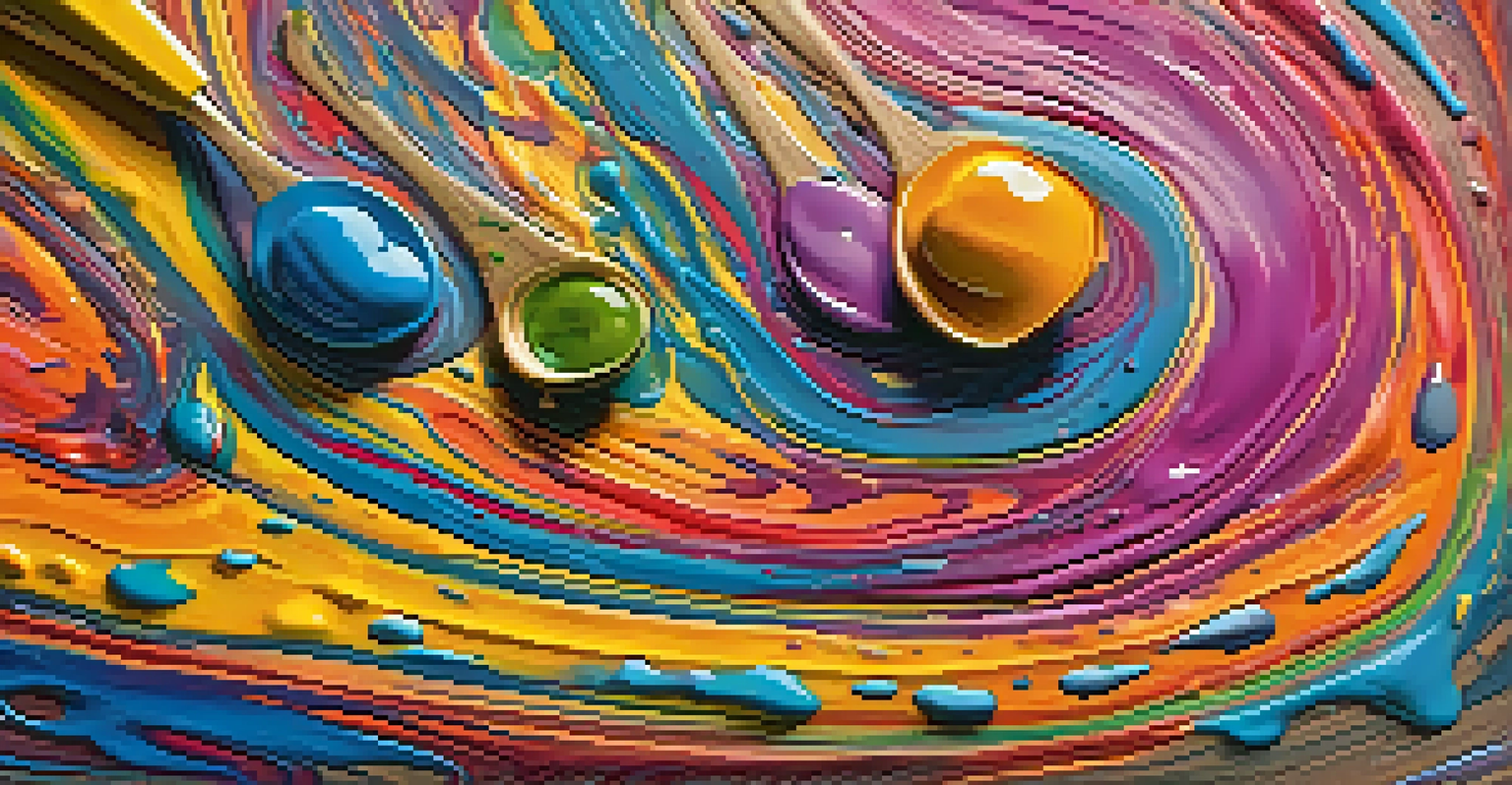 A close-up of a painter's palette with vibrant, swirling colors and thick paint textures, placed on a wooden table.