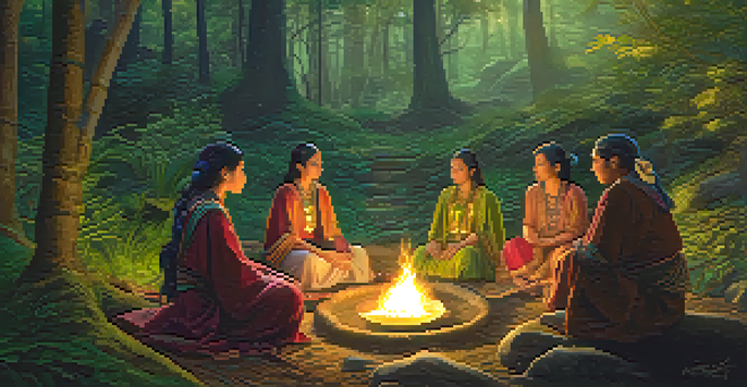 A group of people in traditional garments participating in an ancient ritual around a fire in a lush forest, illuminated by ethereal light.