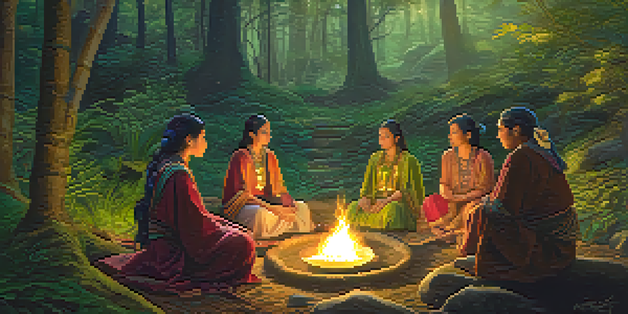 A group of people in traditional garments participating in an ancient ritual around a fire in a lush forest, illuminated by ethereal light.