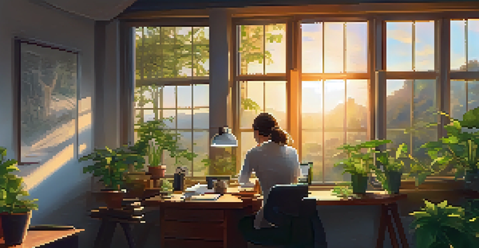An office with a large window showing a sunrise, a person writing in a journal at a wooden desk surrounded by plants and a cup of tea.