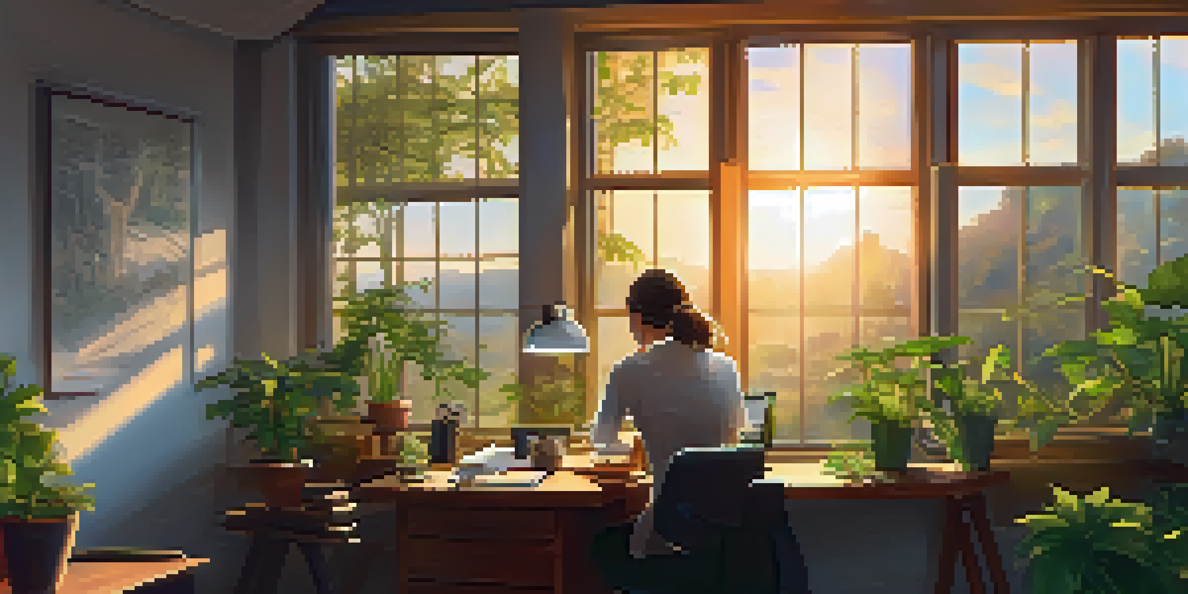 An office with a large window showing a sunrise, a person writing in a journal at a wooden desk surrounded by plants and a cup of tea.