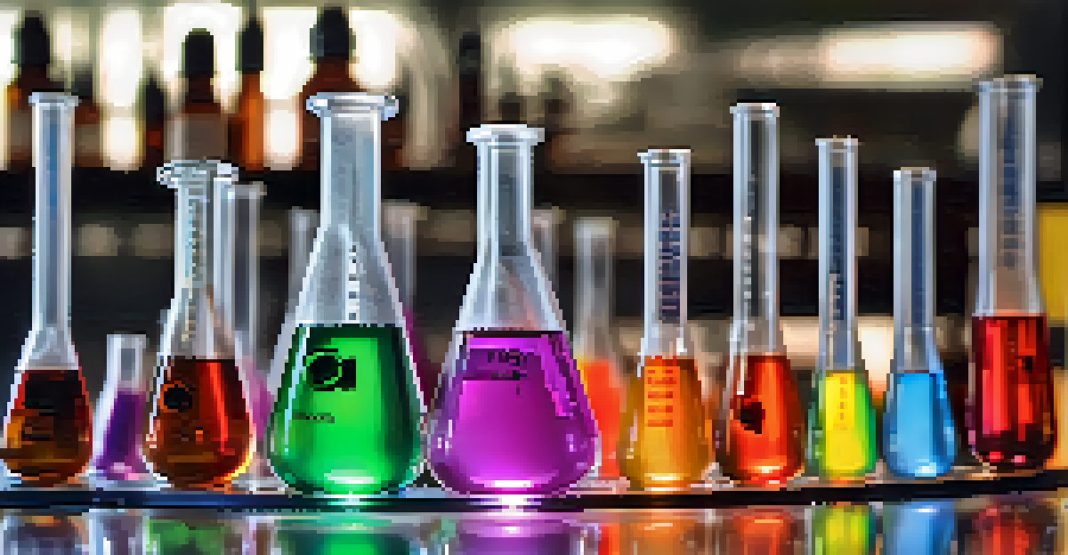 A close-up of colorful vials in a laboratory with scattered scientific tools.