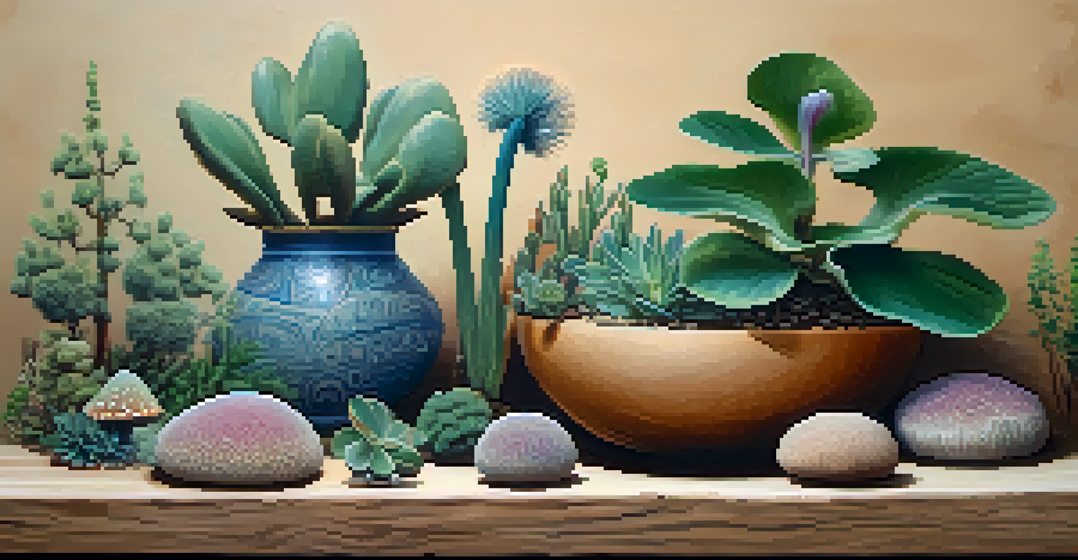 A collection of hallucinogenic plants arranged on a wooden table with natural elements around them, illuminated by soft lighting.