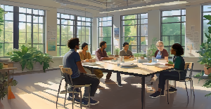 A diverse group of participants in a well-lit research lab, engaged in discussion with a researcher, surrounded by plants and books.