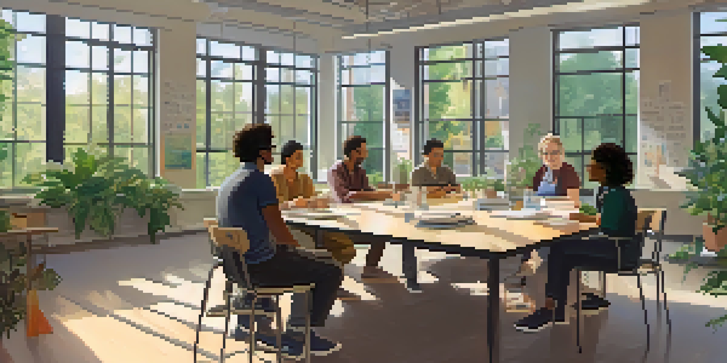 A diverse group of participants in a well-lit research lab, engaged in discussion with a researcher, surrounded by plants and books.