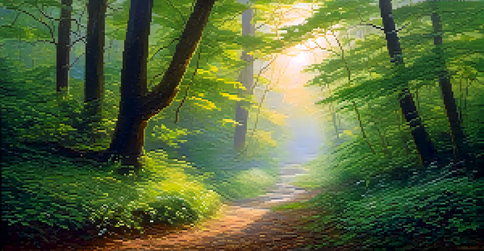 A peaceful forest at dawn with sunlight filtering through the trees and a misty path.