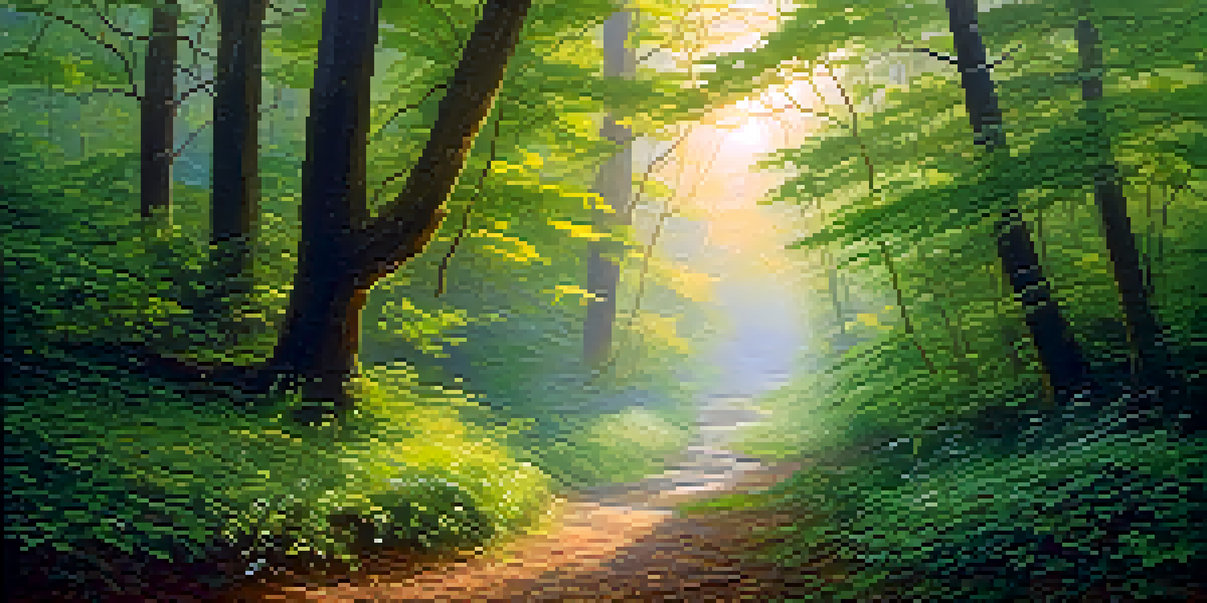 A peaceful forest at dawn with sunlight filtering through the trees and a misty path.