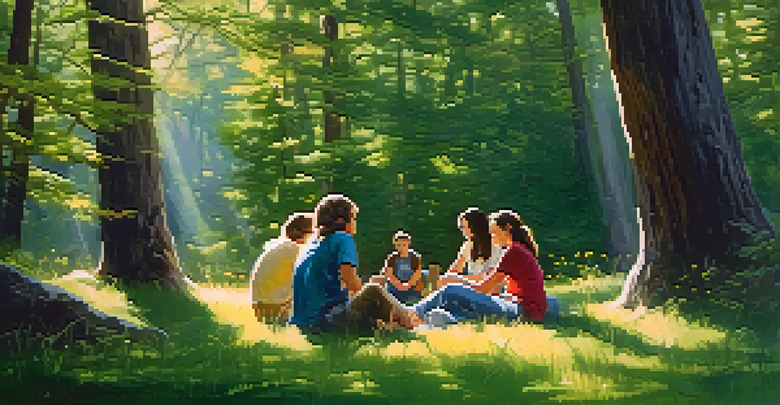 A tranquil forest setting with friends sitting in a circle on the grass, surrounded by sunlight and wildflowers.