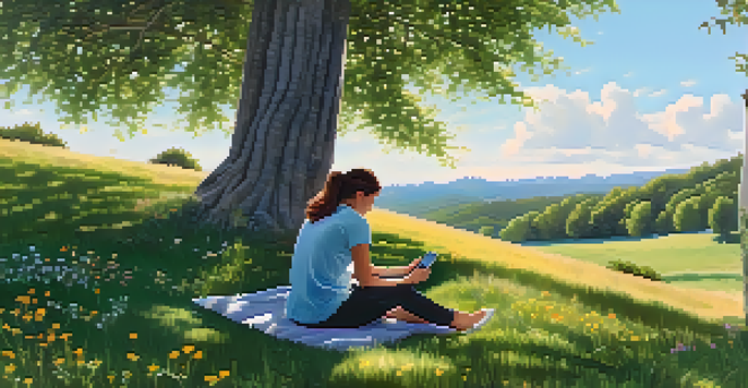 A person sitting cross-legged on a grassy hill, using a smartphone to log their feelings, surrounded by wildflowers and a forest in the background.