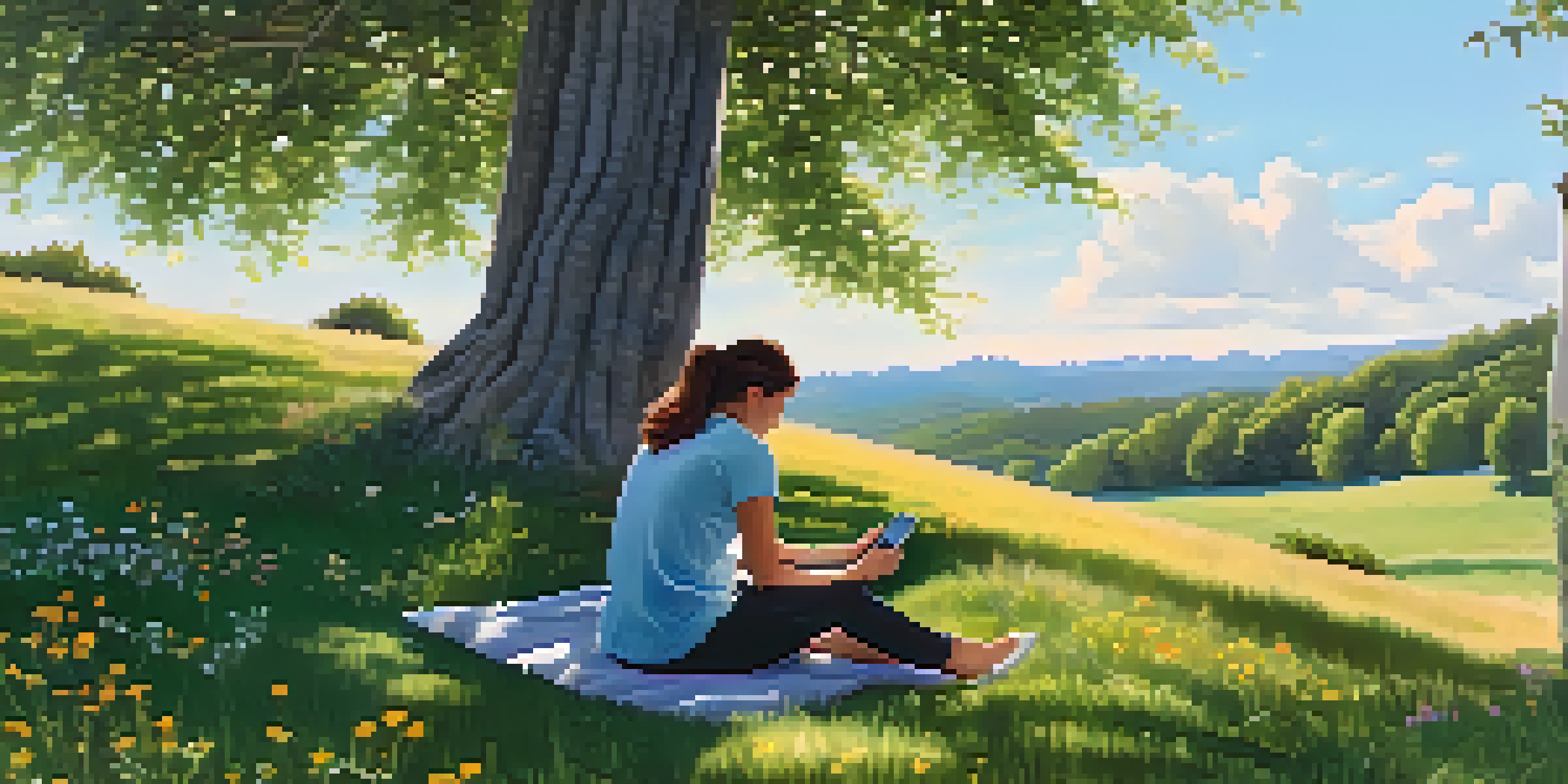 A person sitting cross-legged on a grassy hill, using a smartphone to log their feelings, surrounded by wildflowers and a forest in the background.