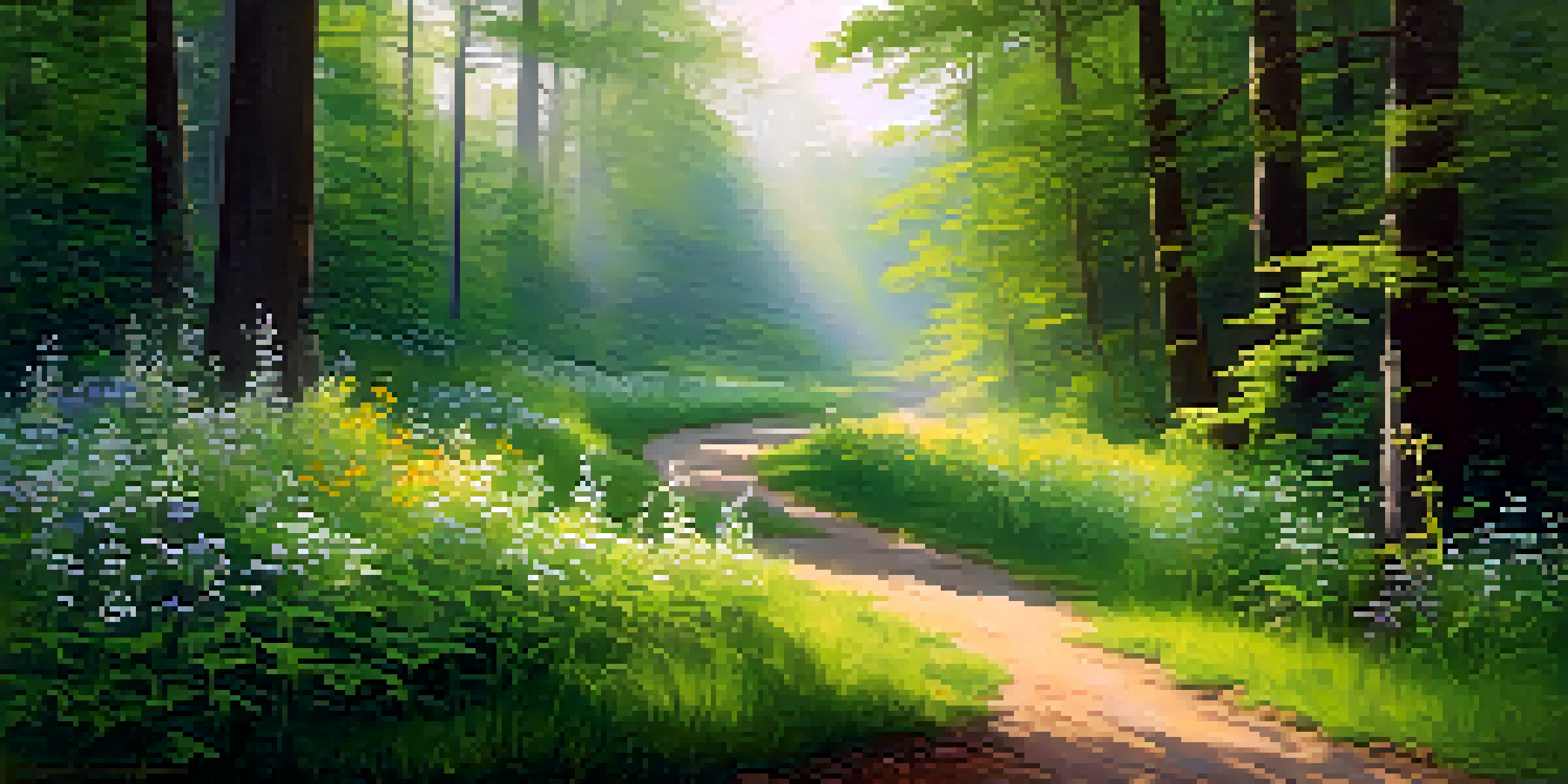 A tranquil forest scene with lush green trees, colorful wildflowers, and a misty path leading into the woods.