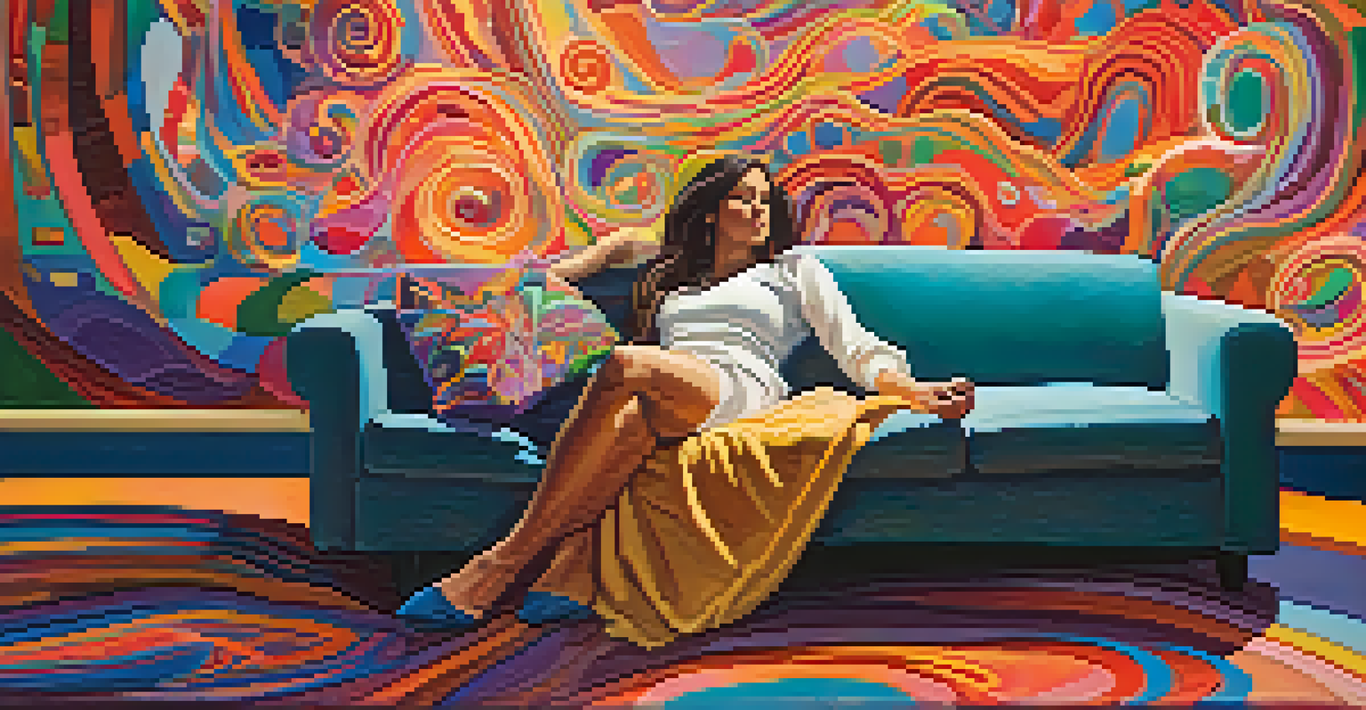A vivid depiction of a psychedelic therapy session with colors and patterns surrounding the client.