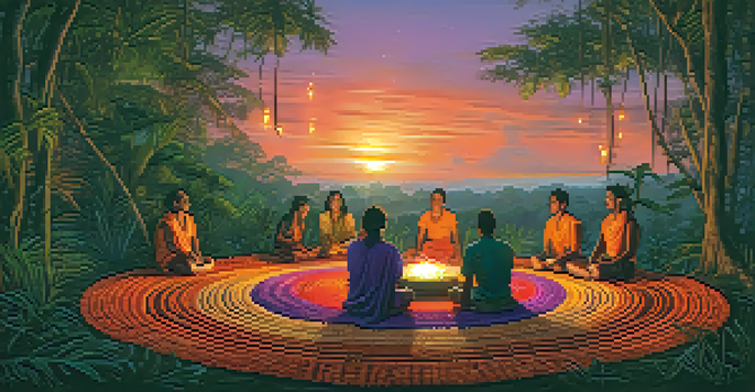 A peaceful Amazon rainforest during dusk with people gathered in a circle for an Ayahuasca ceremony, surrounded by greenery and lanterns.