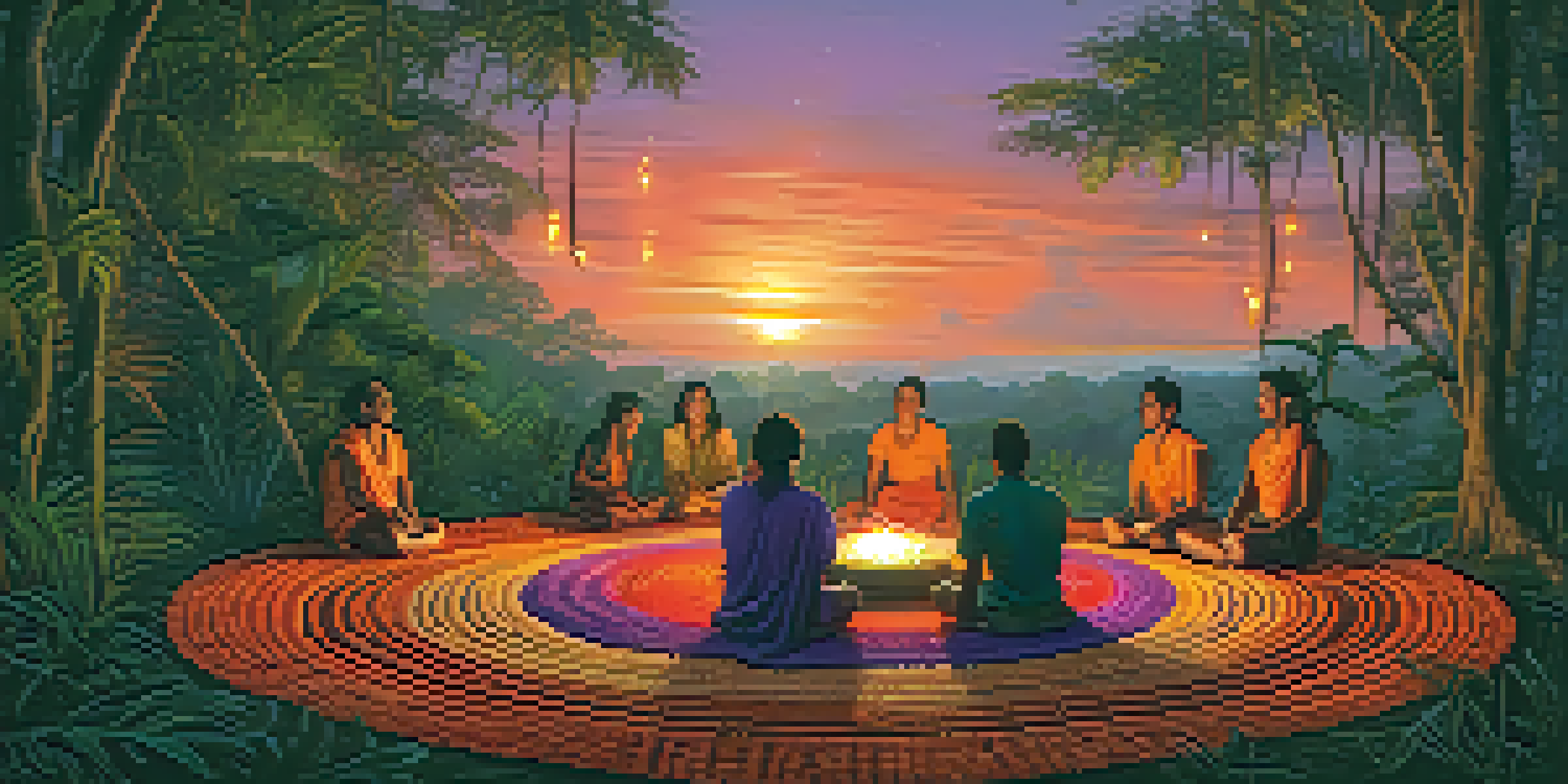 A peaceful Amazon rainforest during dusk with people gathered in a circle for an Ayahuasca ceremony, surrounded by greenery and lanterns.