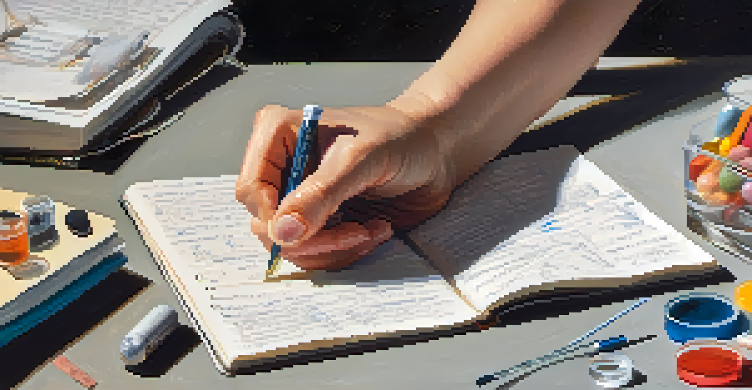 A close-up of a hand holding a small capsule in front of a notebook filled with notes and doodles, symbolizing exploration and creativity.