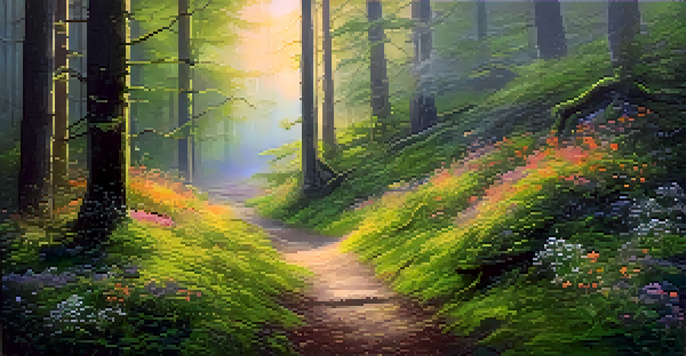 A peaceful forest pathway illuminated by soft golden light at dawn, surrounded by lush greenery and colorful wildflowers.