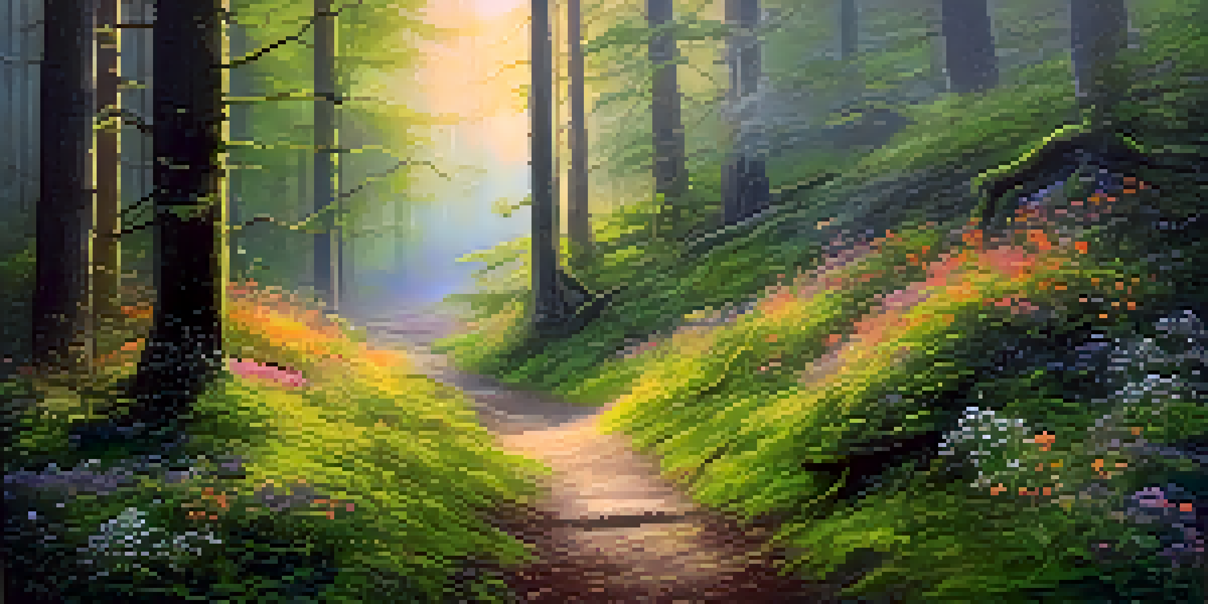 A peaceful forest pathway illuminated by soft golden light at dawn, surrounded by lush greenery and colorful wildflowers.