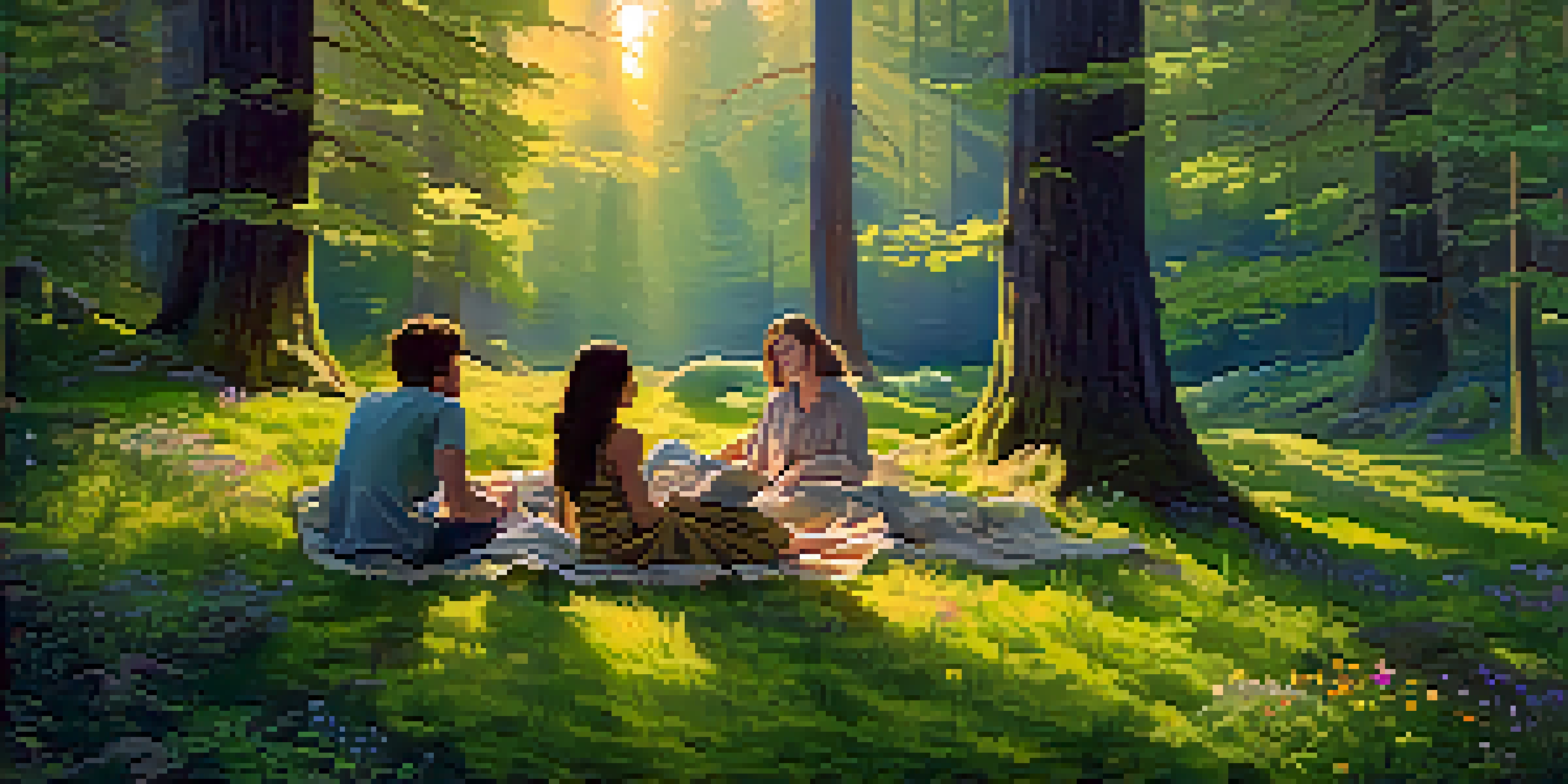 A peaceful forest at sunrise with friends gathered on a blanket, surrounded by greenery and colorful flowers.