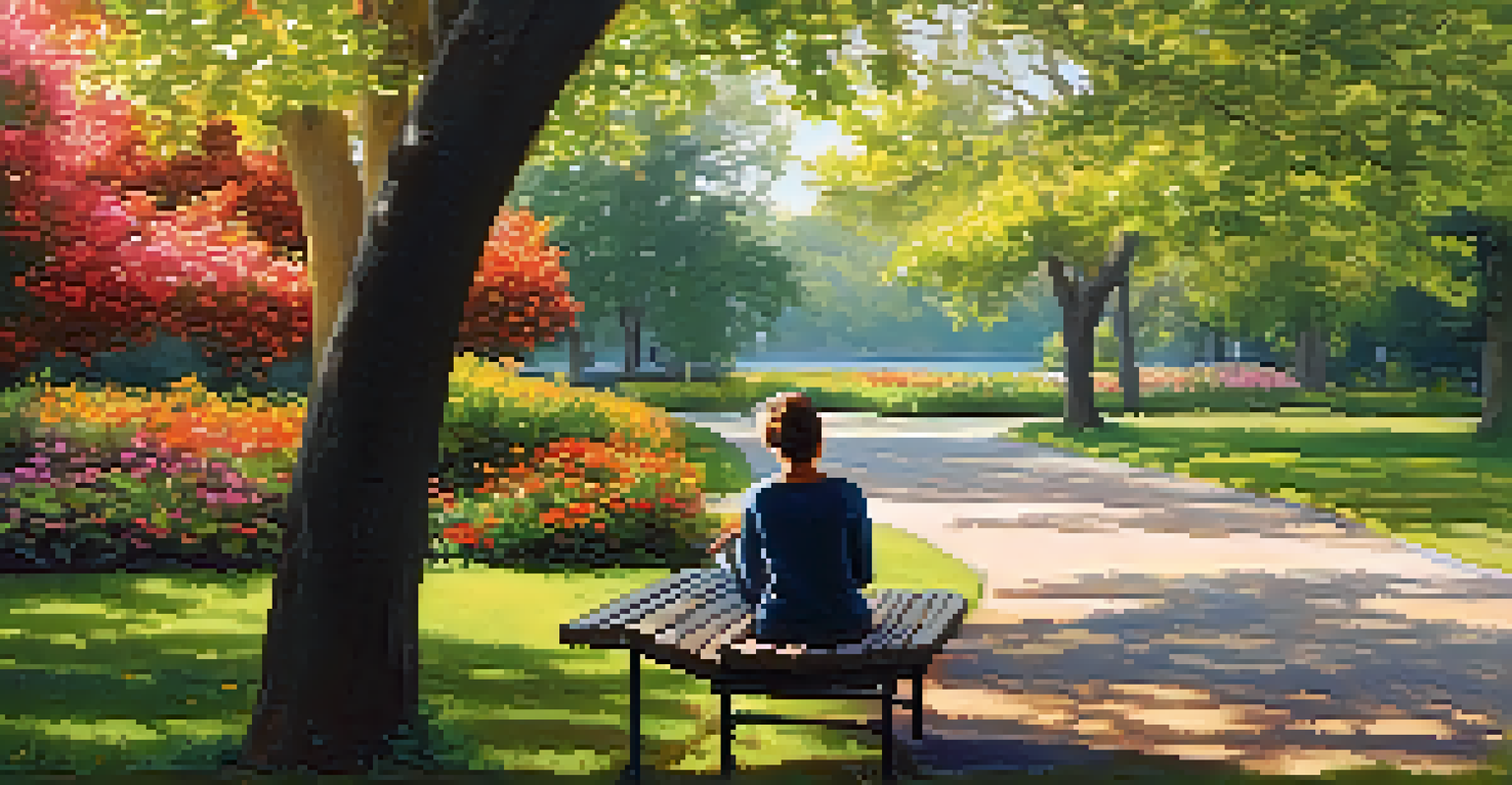 A peaceful park with a flower-lined path and a person journaling on a bench, surrounded by trees and sunlight.