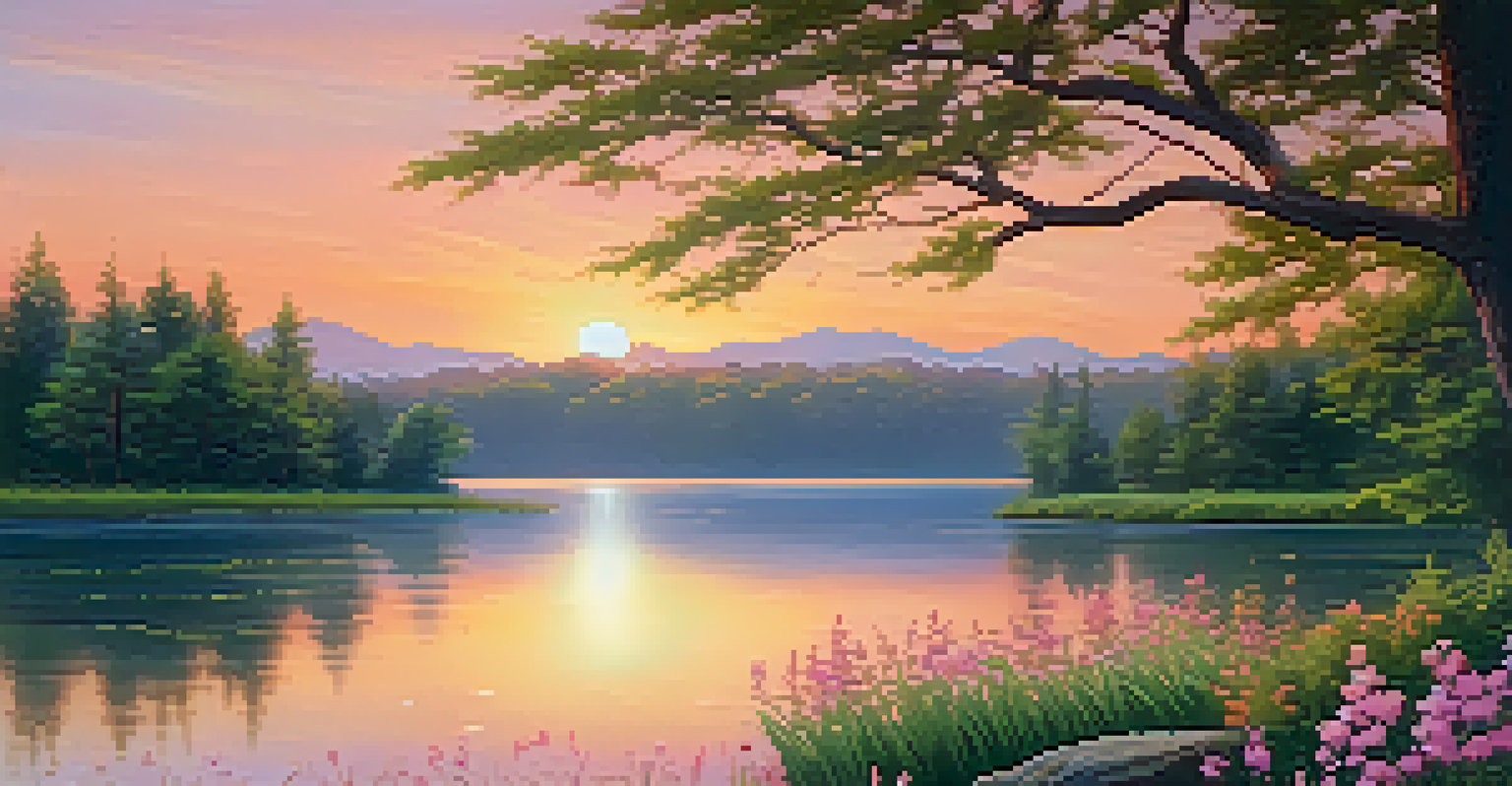 A serene landscape with a sunset reflecting on a lake, surrounded by trees and blooming flowers, symbolizing the connection between nature and sensory experiences.