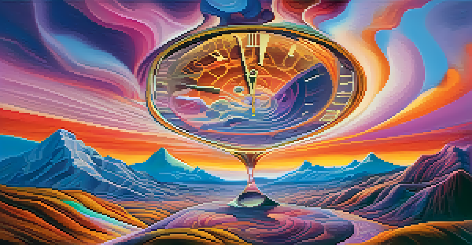 An abstract clock melting over colorful mountains and clouds, conveying the surreal distortion of time perception.