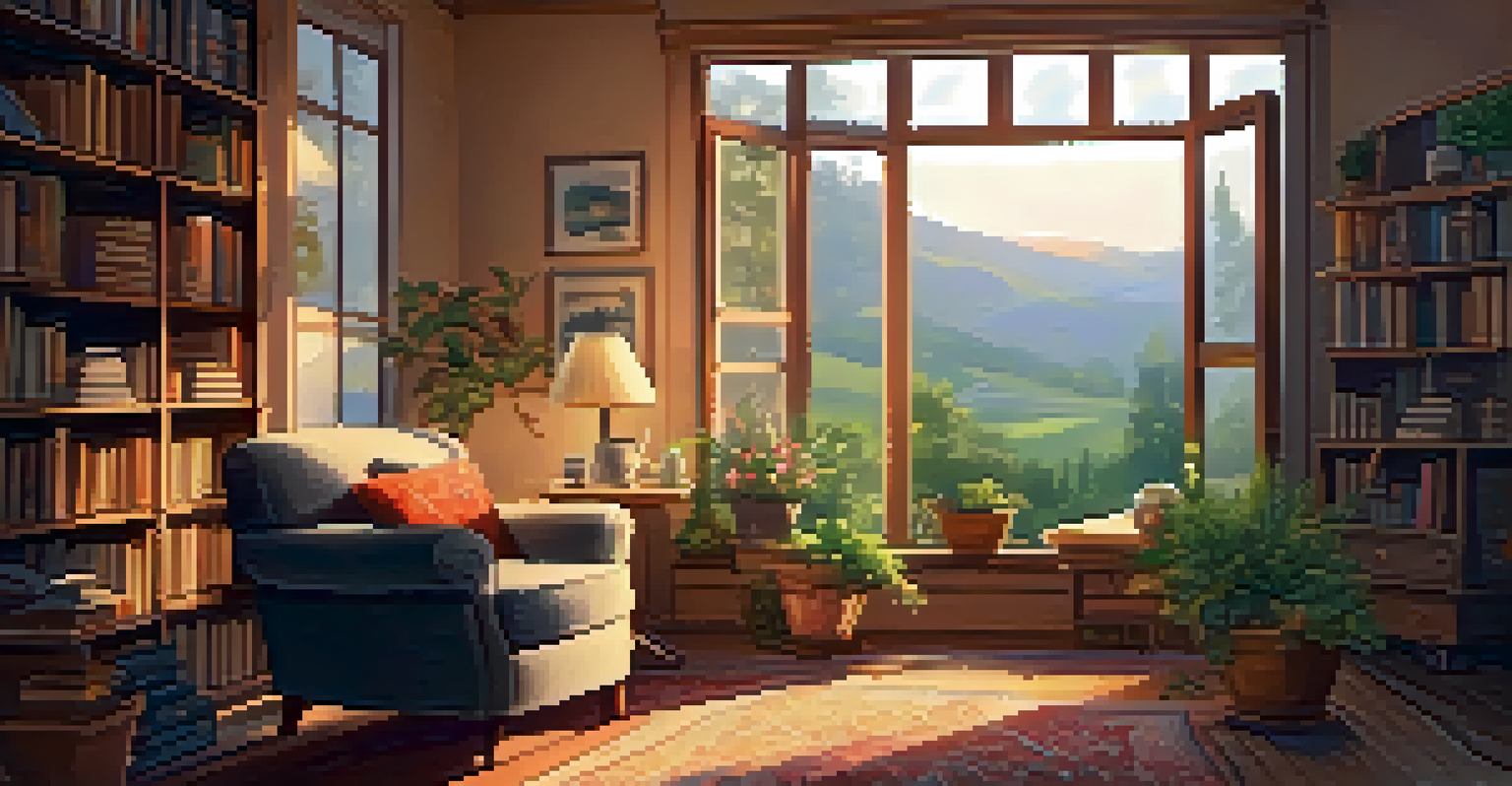 A cozy indoor space with a comfortable armchair, a steaming cup of tea, and a peaceful garden visible through the window.