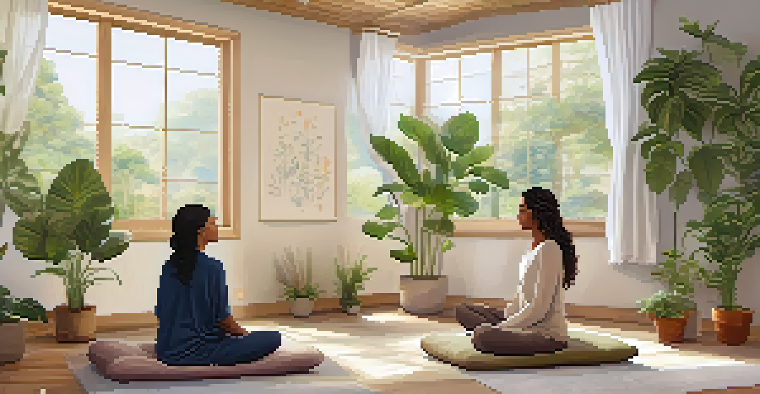 A cozy therapy room with a participant meditating and a facilitator guiding them in breathwork, surrounded by calming decor and plants.