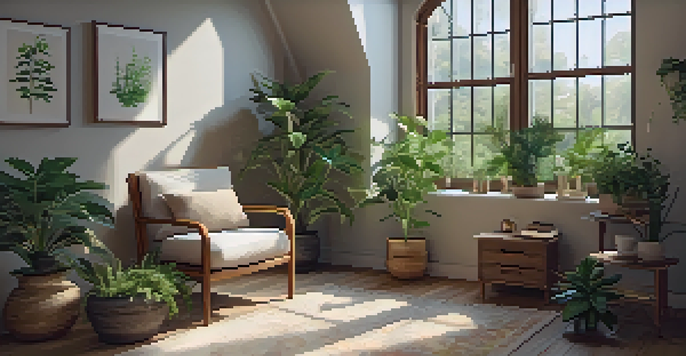 A cozy indoor space with a plush armchair, green plants, and soft light, featuring a journal and a cup of tea on a wooden table.