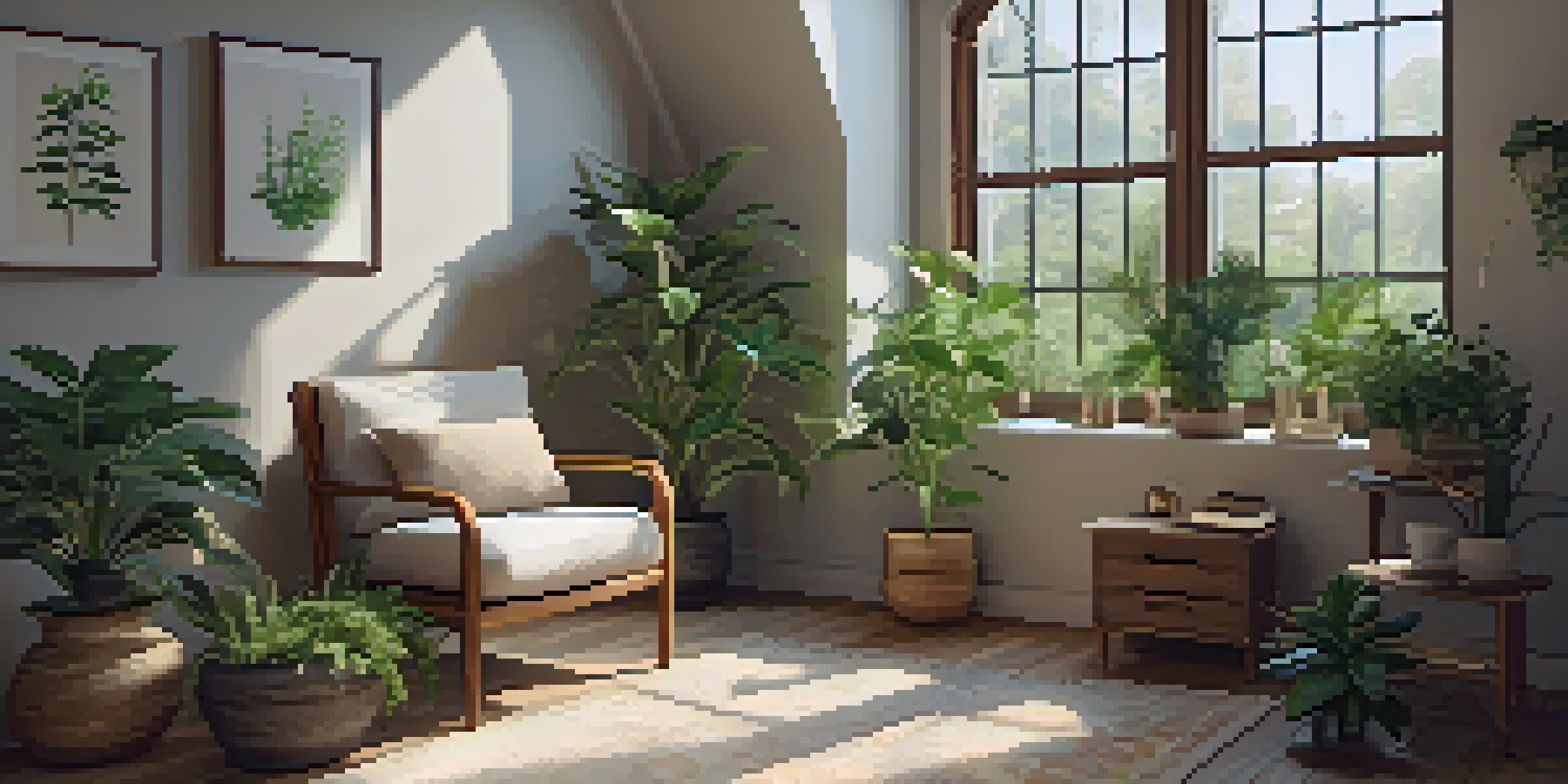 A cozy indoor space with a plush armchair, green plants, and soft light, featuring a journal and a cup of tea on a wooden table.