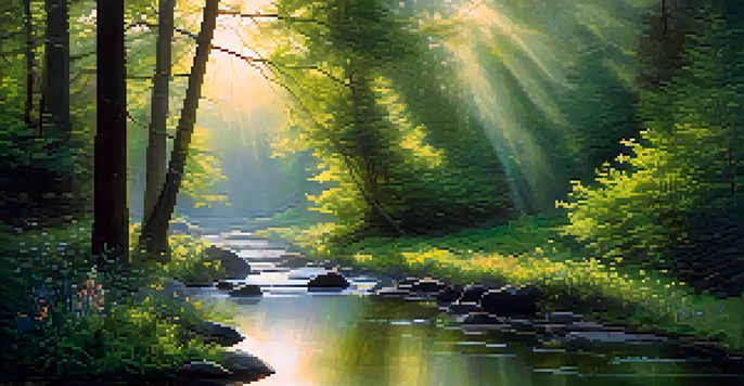 A peaceful forest at dawn with sunlight filtering through the trees, a gentle stream, and mist hovering above the ground.