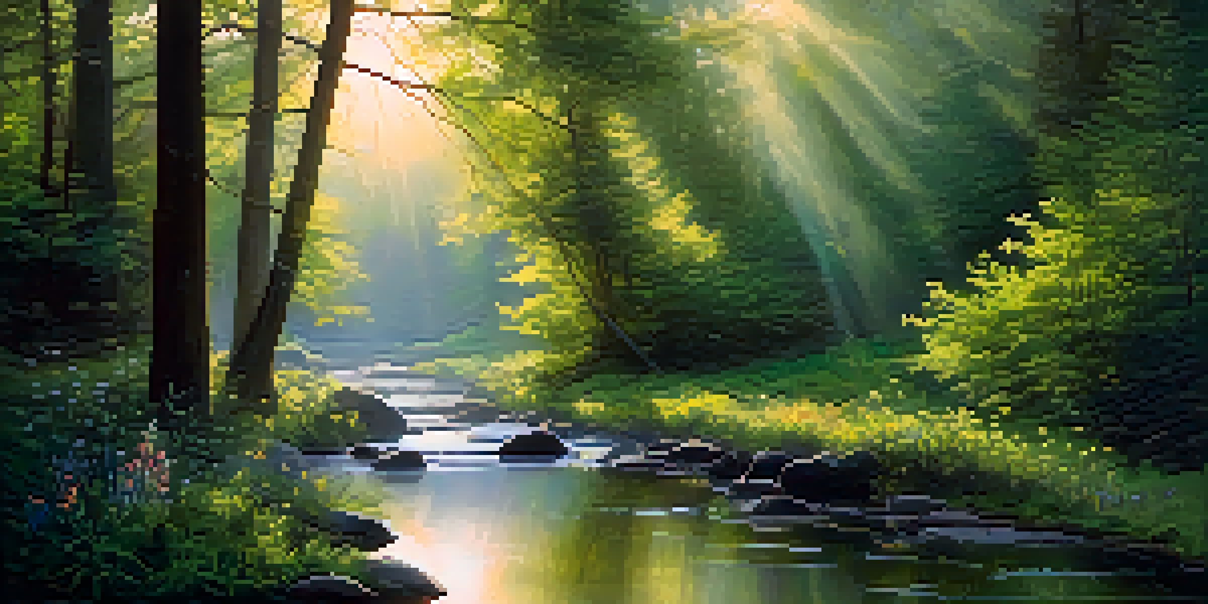 A peaceful forest at dawn with sunlight filtering through the trees, a gentle stream, and mist hovering above the ground.
