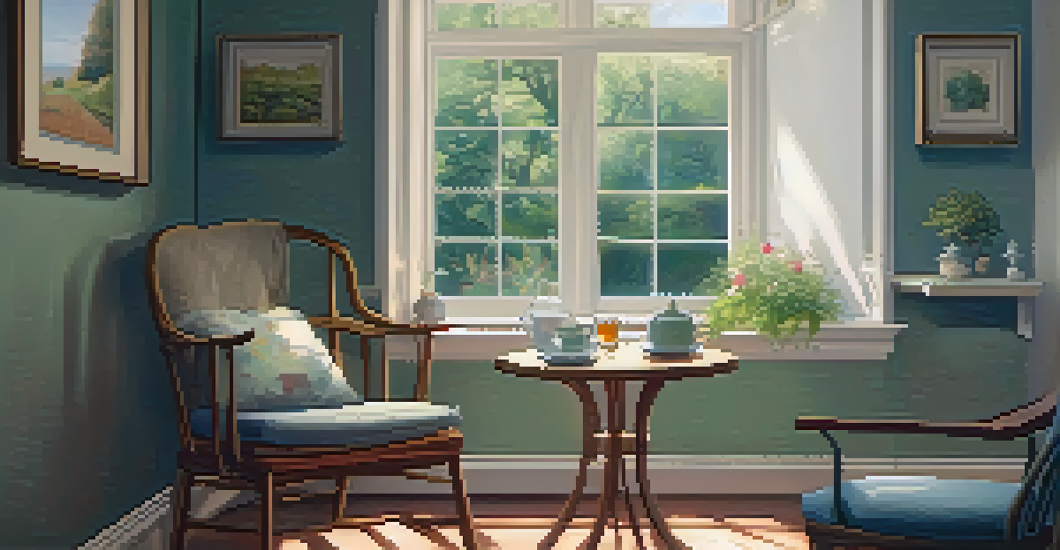 A warm and inviting room with soft lighting, a comfortable chair, and a view of a tranquil garden.