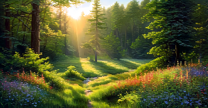 A peaceful forest at dawn with golden sunlight filtering through the trees and colorful wildflowers in the foreground.