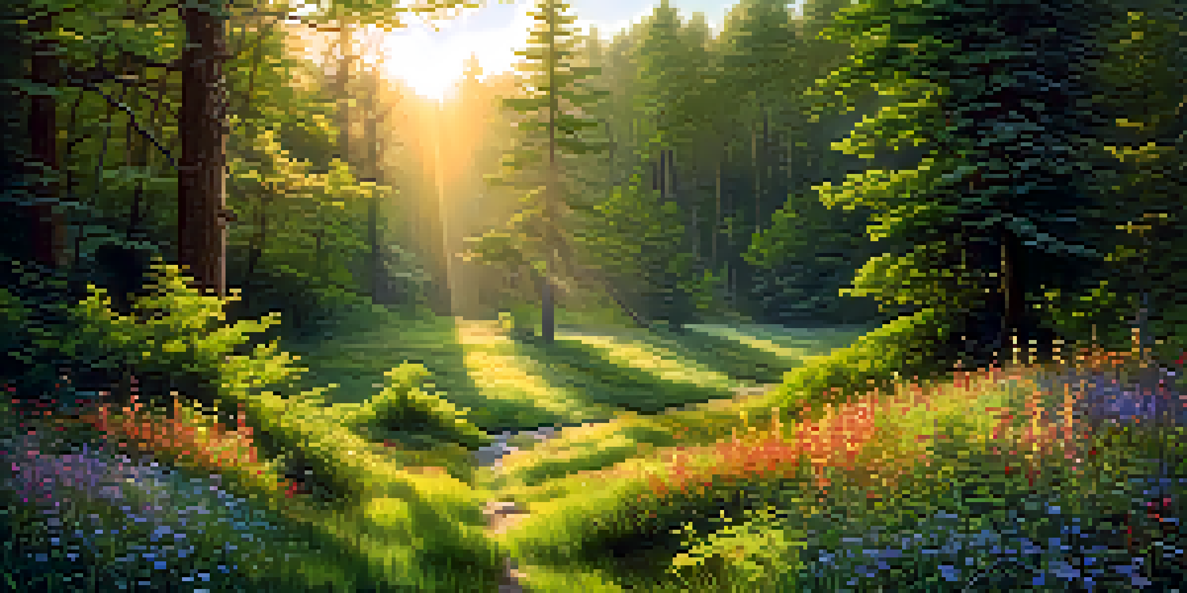 A peaceful forest at dawn with golden sunlight filtering through the trees and colorful wildflowers in the foreground.