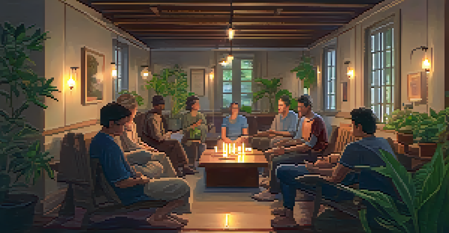 A cozy indoor setting with a guide and participants in a calm atmosphere, indicating a supportive environment.