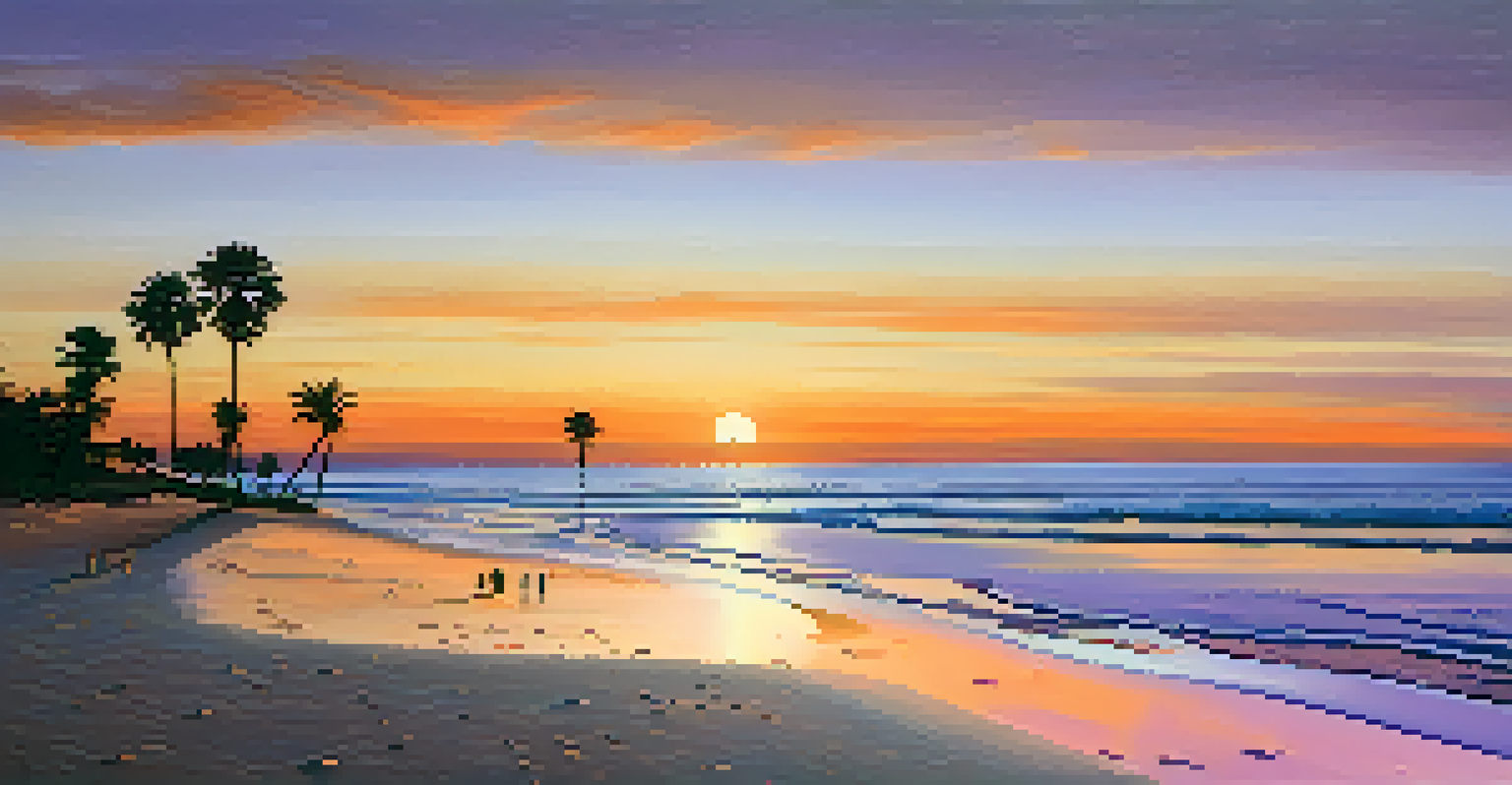 A tranquil beach at sunset with golden sand, colorful sky, and silhouettes of palm trees.