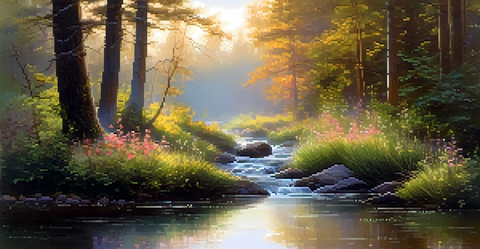 A peaceful forest scene at dawn with sunlight filtering through trees and a stream reflecting the colors of the sky.