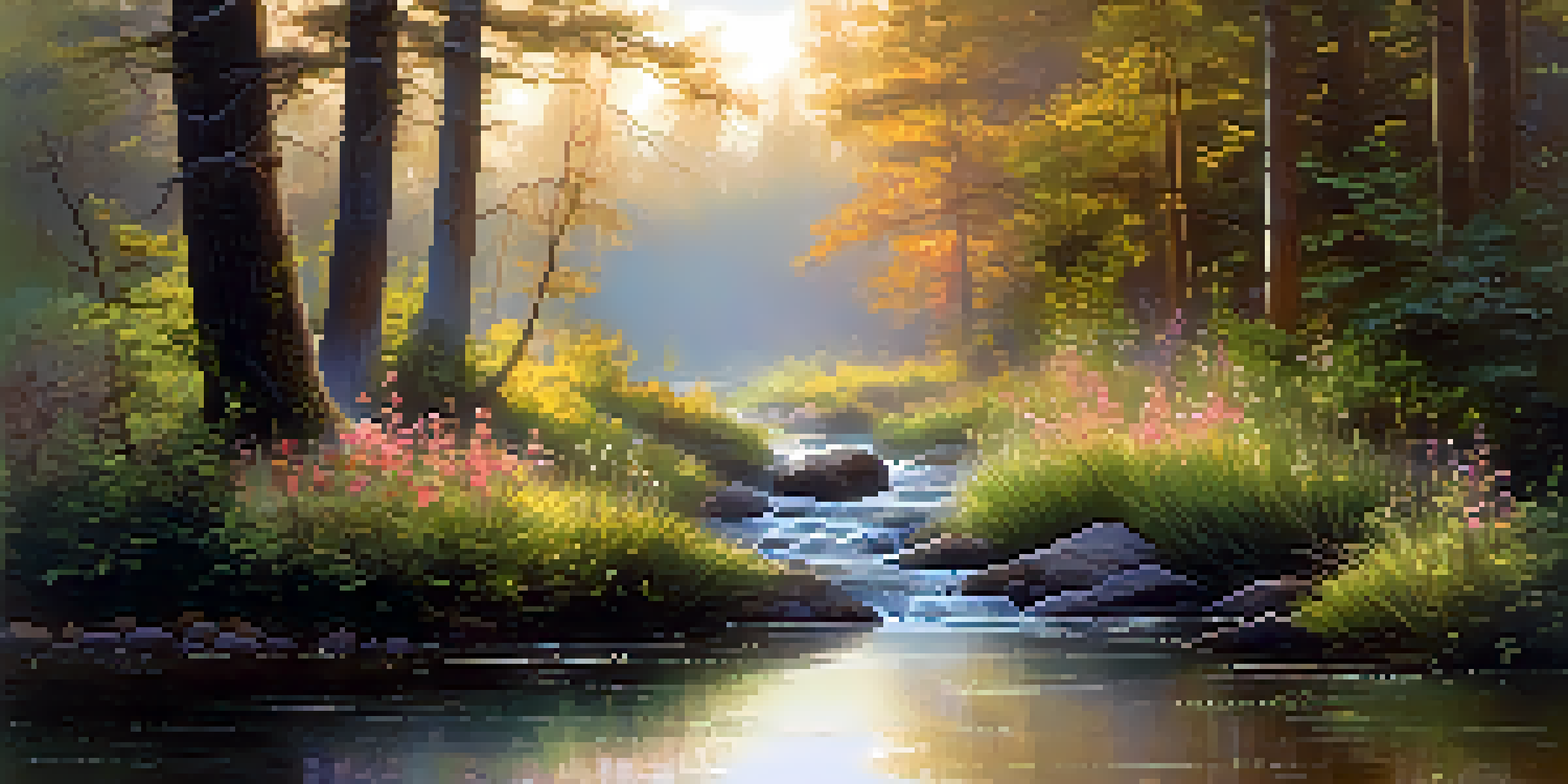 A peaceful forest scene at dawn with sunlight filtering through trees and a stream reflecting the colors of the sky.