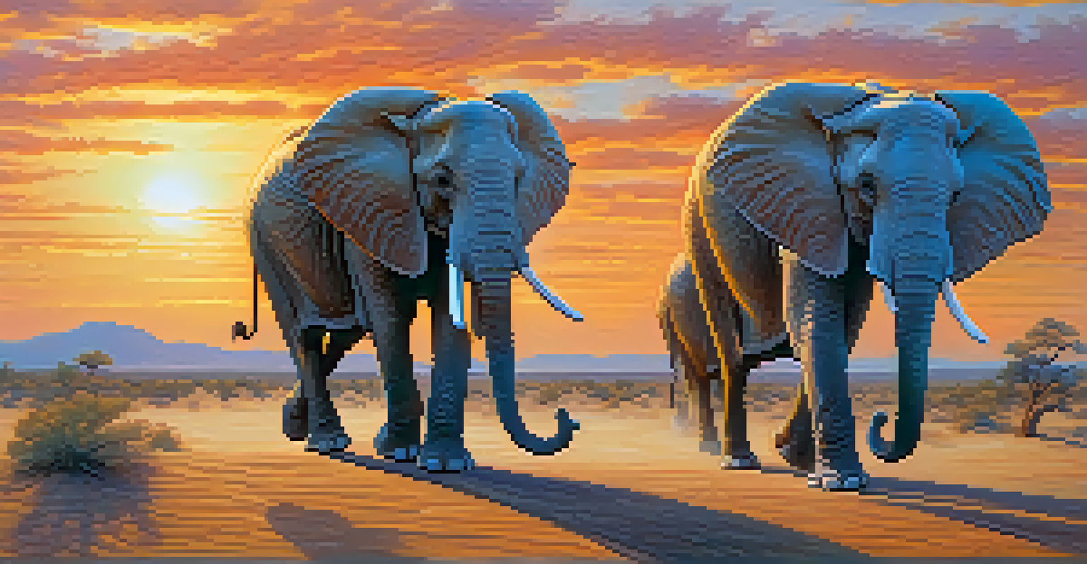 A whimsical scene of elongated elephants in a colorful desert landscape during sunset, with a dreamy sky and glowing clouds.