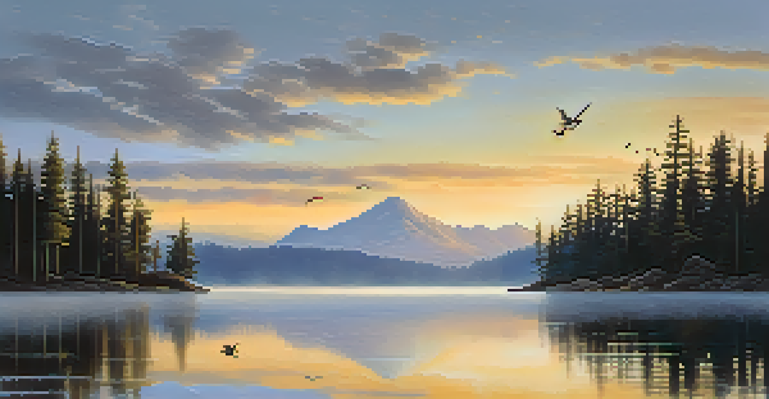A mountain landscape at sunrise with mist over a lake and reflections in the water, surrounded by pine trees.