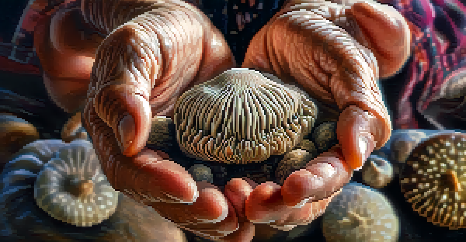 Close-up of an elderly person's hands holding a small mushroom, with a blurred background, emphasizing the texture and details.