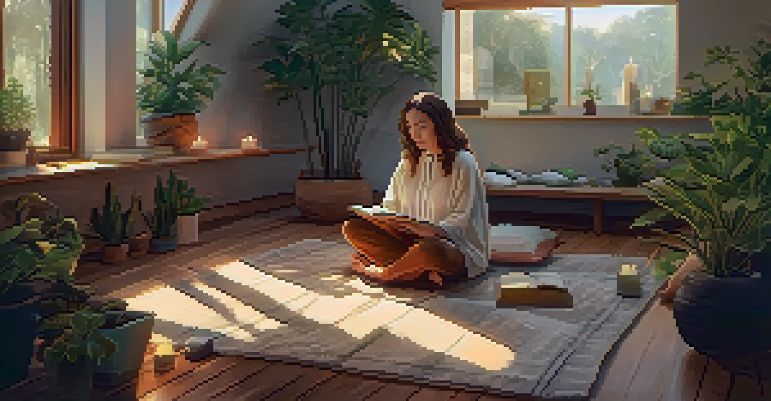 A person meditating in a cozy indoor space surrounded by plants and calming elements.