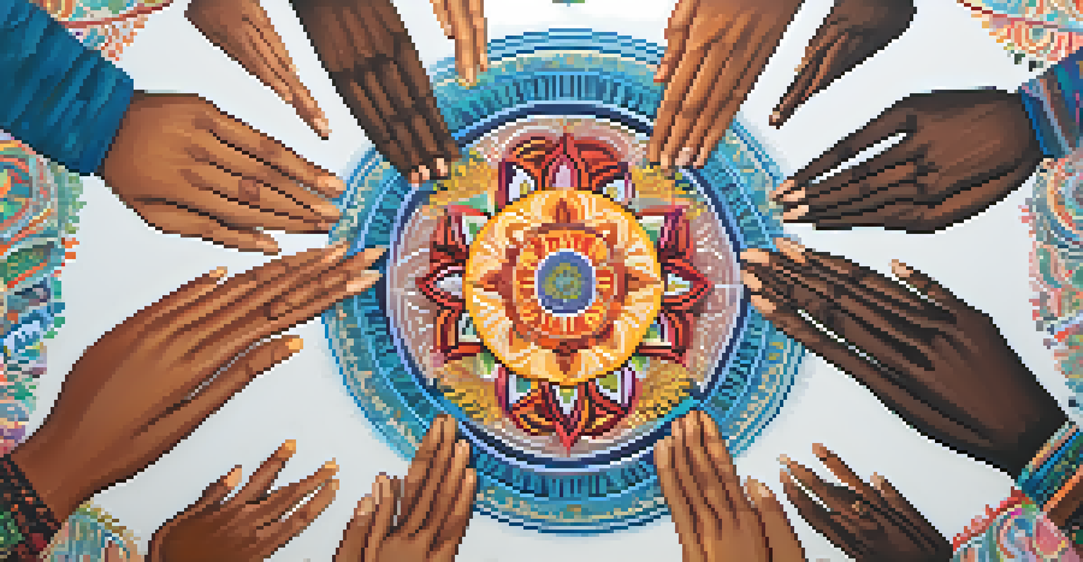 Hands of different ethnicities holding a colorful mandala symbolizing cultural sensitivity.
