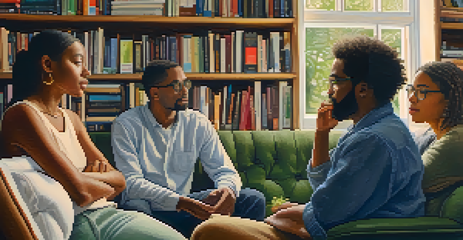 A diverse group of people discussing in a cozy room with bookshelves and plants, showing curiosity and understanding.
