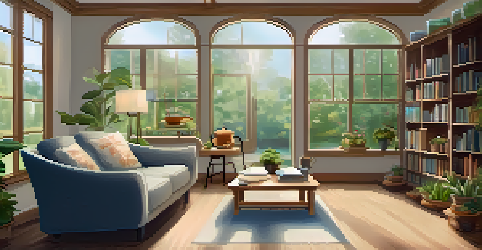 A cozy therapy room with comfortable seating, soft lighting, and a view of a peaceful garden.