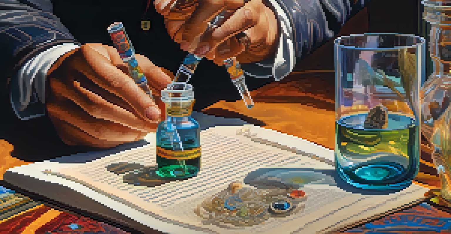 Close-up of hands holding a glass vial with bright liquid against a backdrop of historical documents and Indigenous art, symbolizing the cultural context of psychedelics.