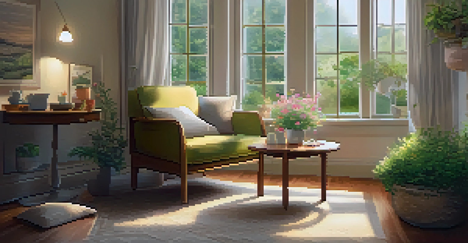 A cozy therapy room with an armchair, soft pillows, and warm lighting, overlooking a peaceful garden.