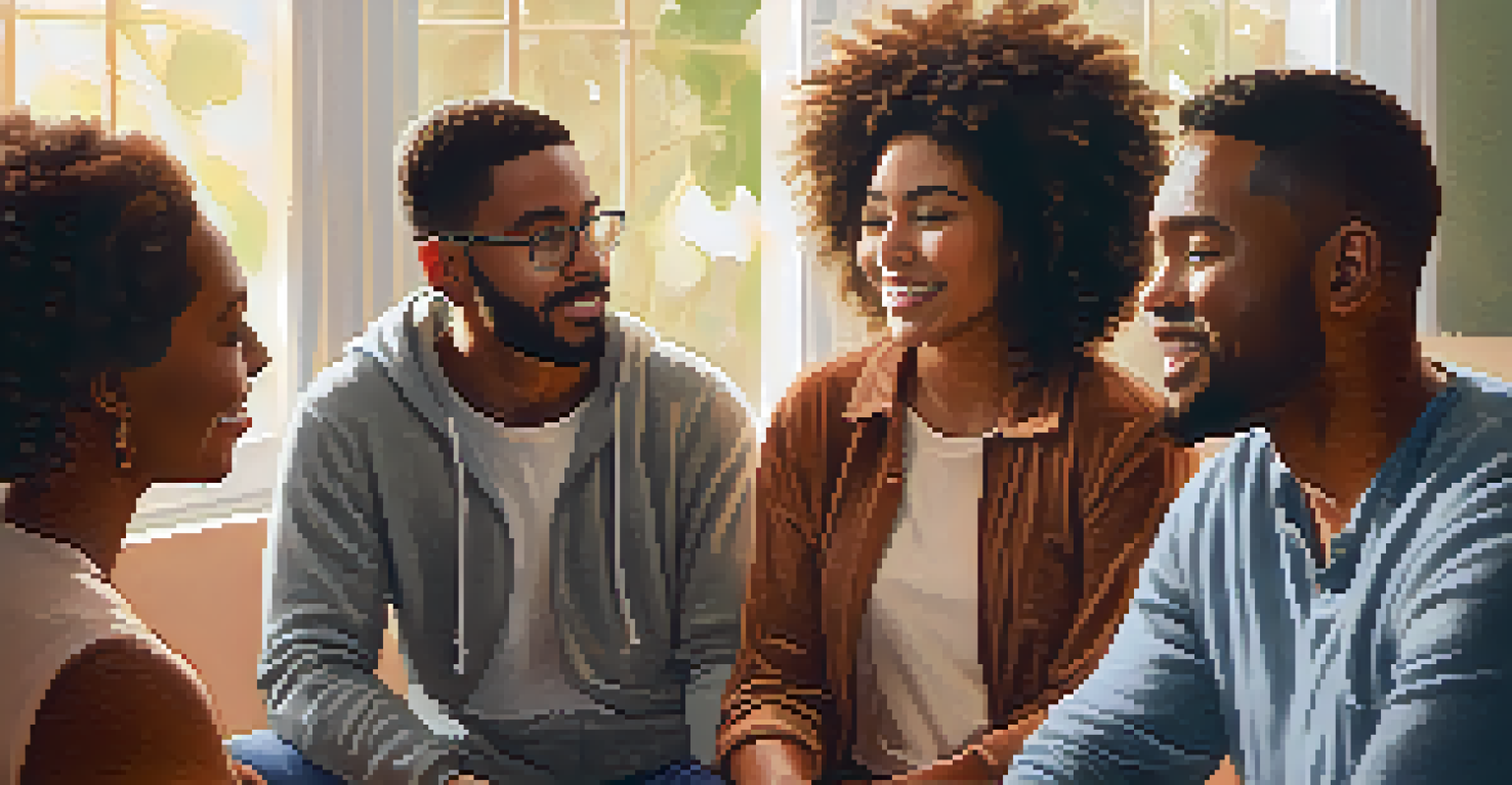A group therapy session with diverse individuals sharing their experiences in a warm and supportive environment.