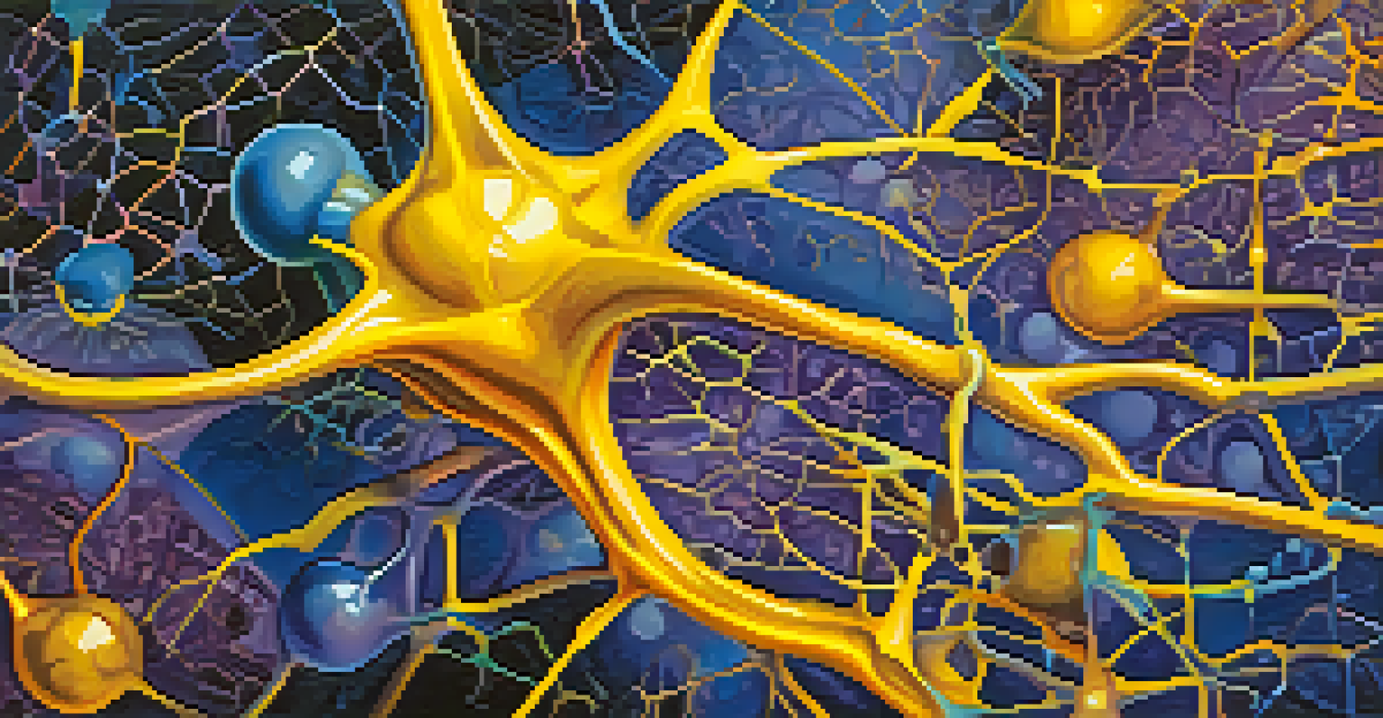 An abstract illustration of neurotransmitters interacting in the brain, featuring vibrant colors and intricate patterns against a deep blue background.